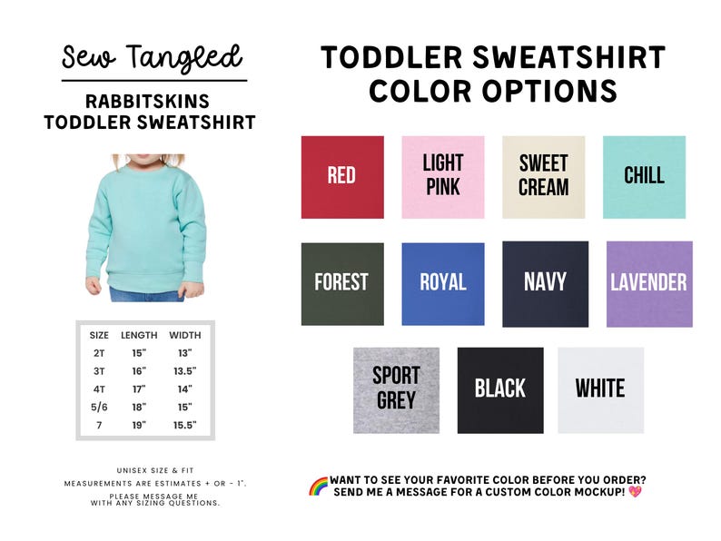 The image is a collage of various color options for a toddler sweatshirt, including different shades of blue, green, pink, and black.