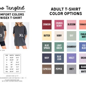 The image is a collage of various t-shirt designs, including different color options and styles, along with their corresponding measurements and fit information.