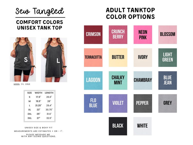 The image is a collage of various colored tank tops, each with different styles and sizes, along with a list of color options and measurements.