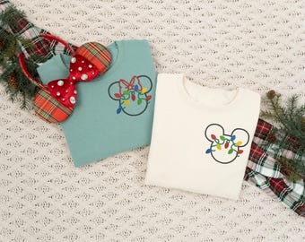 Mickey & Minnie Christmas Lights Embroidered Sweatshirt | Minnie Christmas Lights Shirt | Mickey Christmas Lights Sweater | Cozy Crewneck