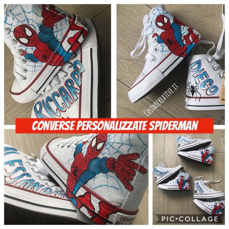 May include: Two pairs of white high-top Converse sneakers personalized with Spiderman graphics. One pair has the name "Riccardo" written on the side, and the other pair has the name "Diego" written on the side.