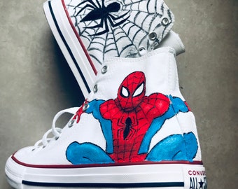 Converse All Star sneakers shoes hand painted and personalized with name and Spiderman