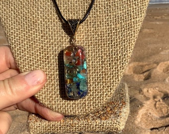 Healing chakra gemstone and orgone necklace, pendant. Meditation, and spiritual, Car mobile protector.