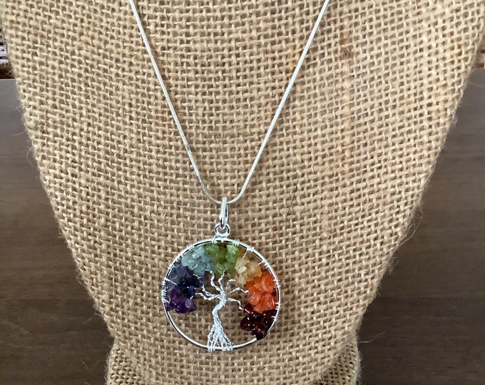 Chakra Stones Tree Of Life on 18 inch silver chain./Healing gemstones, chakra jewelry, chakra healing stones, chakra pendant.