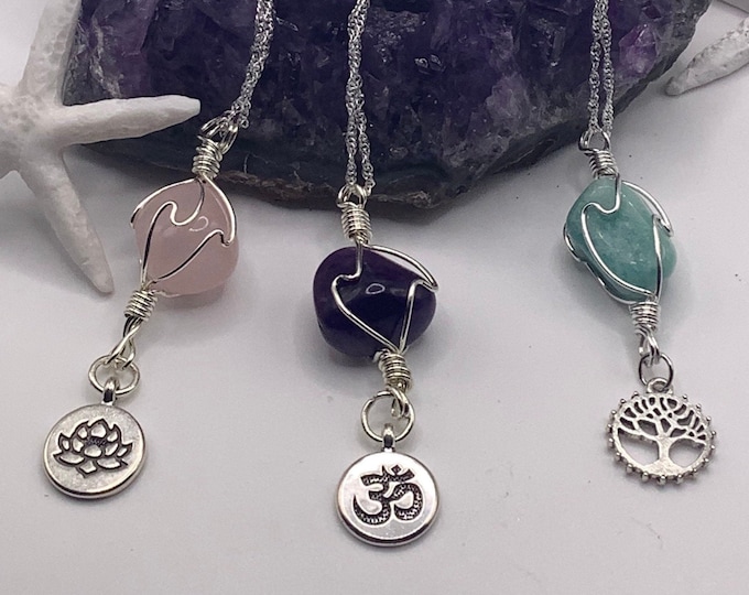 Healing gemstone necklace,pendant, Amethyst,Amazonite,or Rose Quartz,with special charm, lotus,Om,or Tree Of Life.