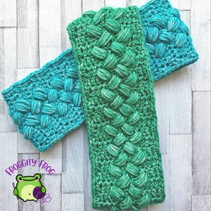 May include: Two crocheted headbands in a braided pattern. One is teal and the other is green.