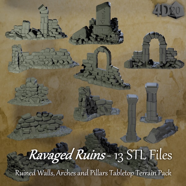 Ravaged Ruins | 13 Ruined City Walls, Arches, Pillars and Windows | 3D Printable Fantasy Terrain Pack for Dnd, tabletop, RPG & Wargaming