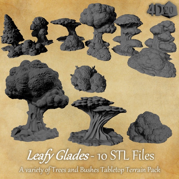 Leafy Glades | 10  Trees and Bushes | Fantasy Forest 3D Printable Terrain Pack for Dnd, Tabletop games and RPGs