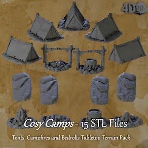 Cosy Camps | 15 Campsite Tents and Accessories | 3D Printable fantasy Terrain Pack for Dnd, tabletop, RPG & Wargaming