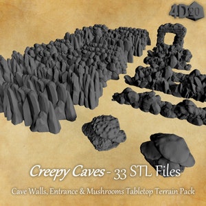 Creepy Caves | 33 Cave Walls, Rocks, Tunnels and Accesories | 3D Printable Fantasy Terrain Pack for Dnd, tabletop, RPG & Wargaming