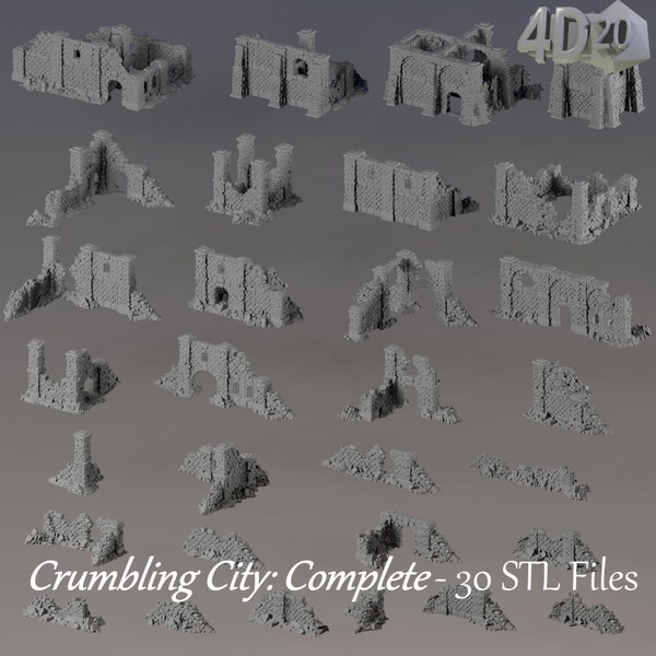 Die bröckelnde Stadt | 30 Zerstörte Stadt Teile | Komplettes Terrain Pack | Fantasy Dnd, RPG & Tabletop Terrain STL Dateien für den 3D Druck