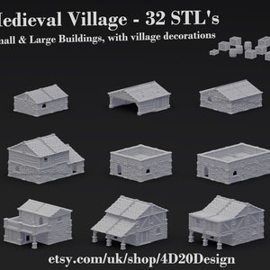 The Medieval Village | 32 Medieval Village Buildings and Accessory STL files | 3D Printable Terrain Pack for Dnd or tabletop RPGs