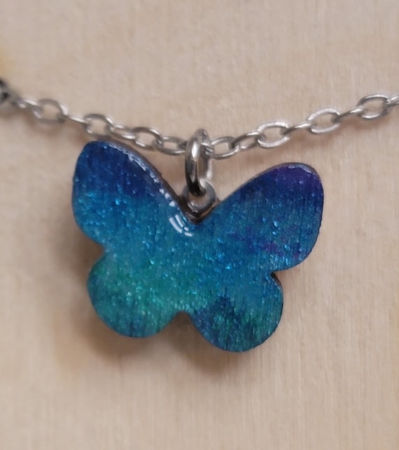 Small Butterfly Necklace Hand Painted Metallic Blue Turquoise