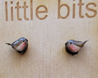 Tiny Hand Painted Wren Bird Earrings