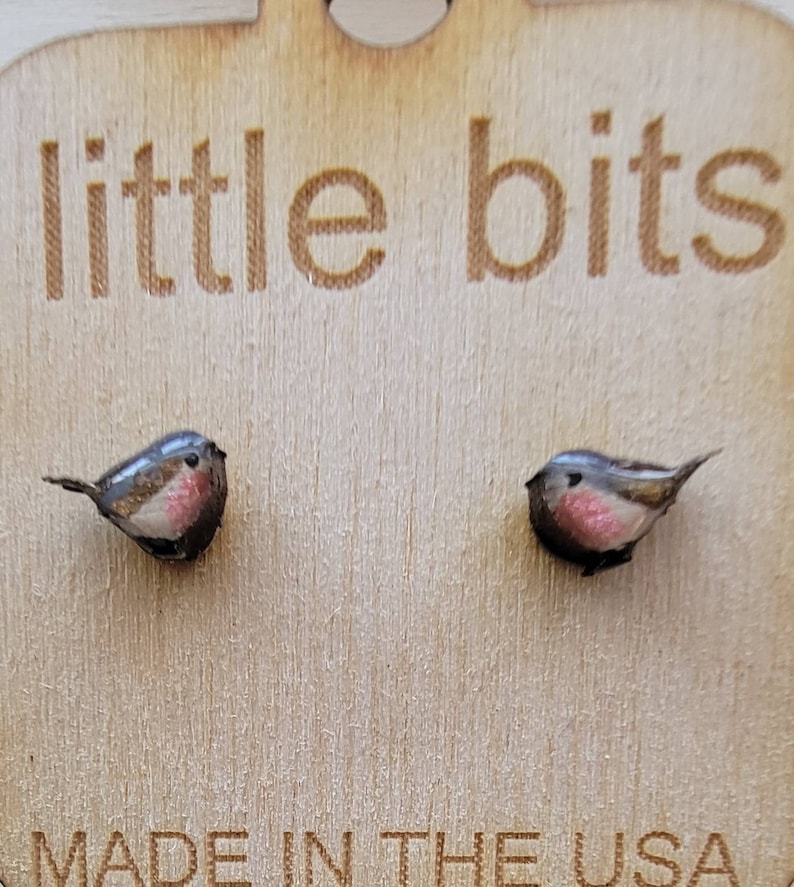 Tiny Hand Painted Wren Bird Earrings image 1