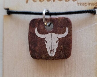 Hand Painted Ceramic Steer Skull Pendant Necklace