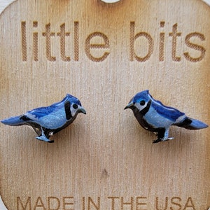 Tiny Hand Painted Blue Jay Bird Earrings