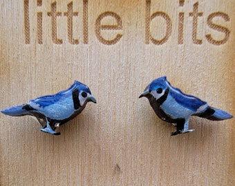 Tiny Hand Painted Blue Jay Bird Earrings