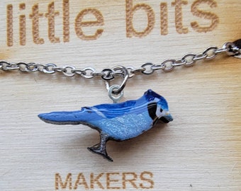 Small Blue Jay Bird Hand Painted Necklace