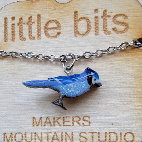 Small Blue Jay Bird Hand Painted Necklace