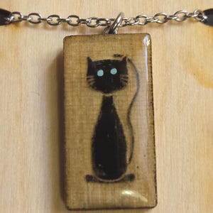Hand Painted Tall Cat Necklace Pendant on Wood