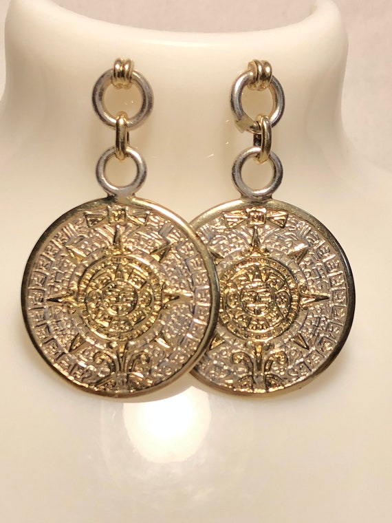 VTG Tozli Mexico 925/18k Mayan Calander Earrings