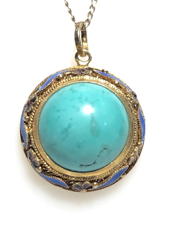 VTG Chinese Export Turquoise, Silver Enamel Pendan