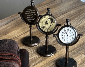 Personalized Vintage Table Clock, Anniversary Gift for Him, Photo Engraved Office Decor, Custom Home Decor, Housewarming gift