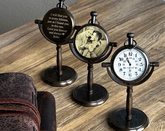 Personalized Vintage Table Clock, Anniversary Gift for Him, Photo Engraved Office Decor, Custom Home Decor, Housewarming gift