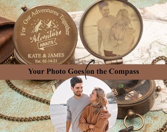 Handmade Brass Photo Engraved Compass Father's day Gift for Boyfriend, Wedding Memorial Gift For Couple, Actual Handwriting Gift for Him