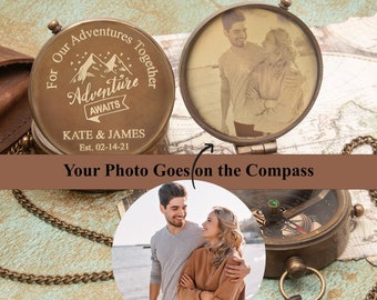Couple Anniversary Gift Brass Compass, Wedding Gift Photo Engraved Compass, Vintage Gift for Husband Birthday, Gift for Him, Working Compass