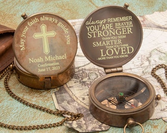 Personalisierte Erstkommunion Geschenk, Taufe Geschenk für Enkel, Konfirmation Geschenk, Religiöses Geschenk Messing Kompass, Individuell gravierter Kompass