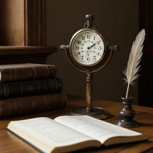 May include: A classic desk arrangement with leather-bound books, an open book, a bronze clock, and a quill pen in an inkwell. The scene is set on a wooden desk near a window, creating a scholarly aesthetic. The clock face is visible.