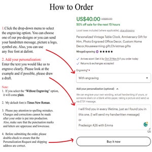 May include: Screenshot of an Etsy listing with instructions on how to order a personalized vintage table clock. The listing includes options for engraving, personalization, and a call to action button.