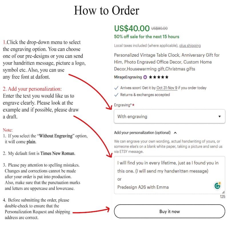May include: Screenshot of an Etsy listing with instructions on how to order a personalized vintage table clock. The listing includes options for engraving, personalization, and a call to action button.
