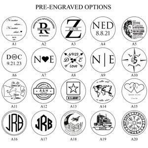 May include: A collection of pre-engraved options, each displayed in a circular design. The designs include initials, dates, phrases, and symbols, such as a compass, a star, and a world map. The text includes phrases like "Adventure Awaits" and "Happy Anniversary."
