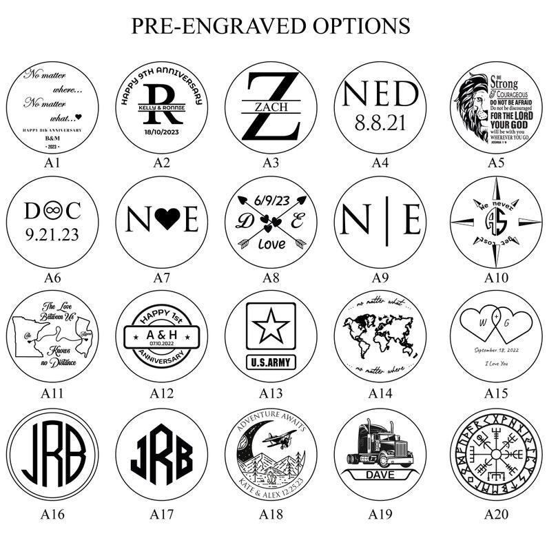 May include: A collection of pre-engraved options, each displayed in a circular design. The designs include initials, dates, phrases, and symbols, such as a compass, a star, and a world map. The text includes phrases like "Adventure Awaits" and "Happy Anniversary."