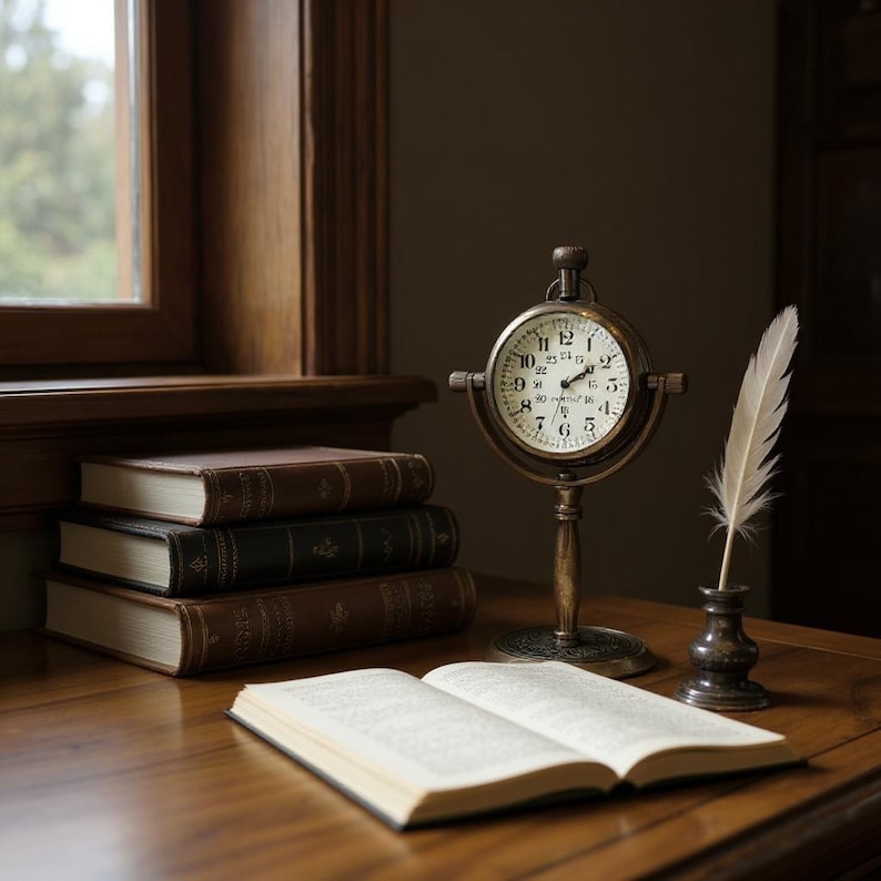 May include: A still-life image featuring a vintage clock, books, and a quill pen. The clock has a round face with Roman numerals. Several leather-bound books are stacked near a window. An open book and inkwell complete the scene, evoking a classic, scholarly aesthetic.