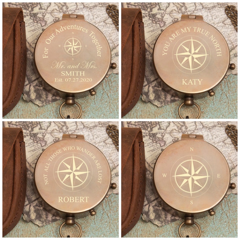 May include: Four antique brass compass with a leather case. The compasses feature a compass rose and personalized text. The text on the compasses reads "For Our Adventures Together Mr. and Mrs. SMITH Est. 07.27.2020", "You Are My True North KATY", "Not All Those Who Wander Are Lost ROBERT", and "N, W, S, E".
