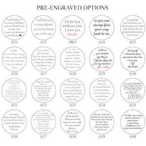 May include: Circular pre-engraved options with various romantic quotes and messages. Designs include phrases like "I love you," "Forever," and "Always." Each design is labeled with a letter and number combination.