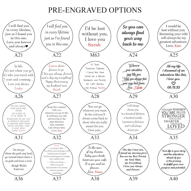 May include: Circular pre-engraved options with various romantic quotes and messages. Designs include phrases like "I love you," "Forever," and "Always." Each design is labeled with a letter and number combination.