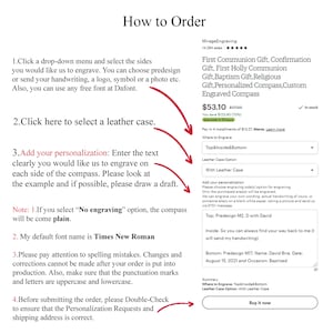May include: Instructions on how to order a personalised compass with a leather case. Choose from a variety of engraving options, including predesigned options, handwriting, logos, and photos. The compass is available for £53.10 and can be purchased with or without a leather case.