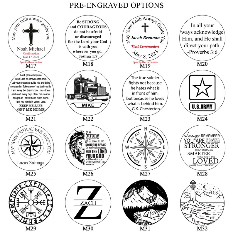 May include: A collection of 12 round, black and white engraved coin designs. Each coin features a different design, including a cross, a truck, a compass, a lion, a star, a mountain range, a lighthouse, and a compass rose. The coins are labeled with numbers M17 through M32.