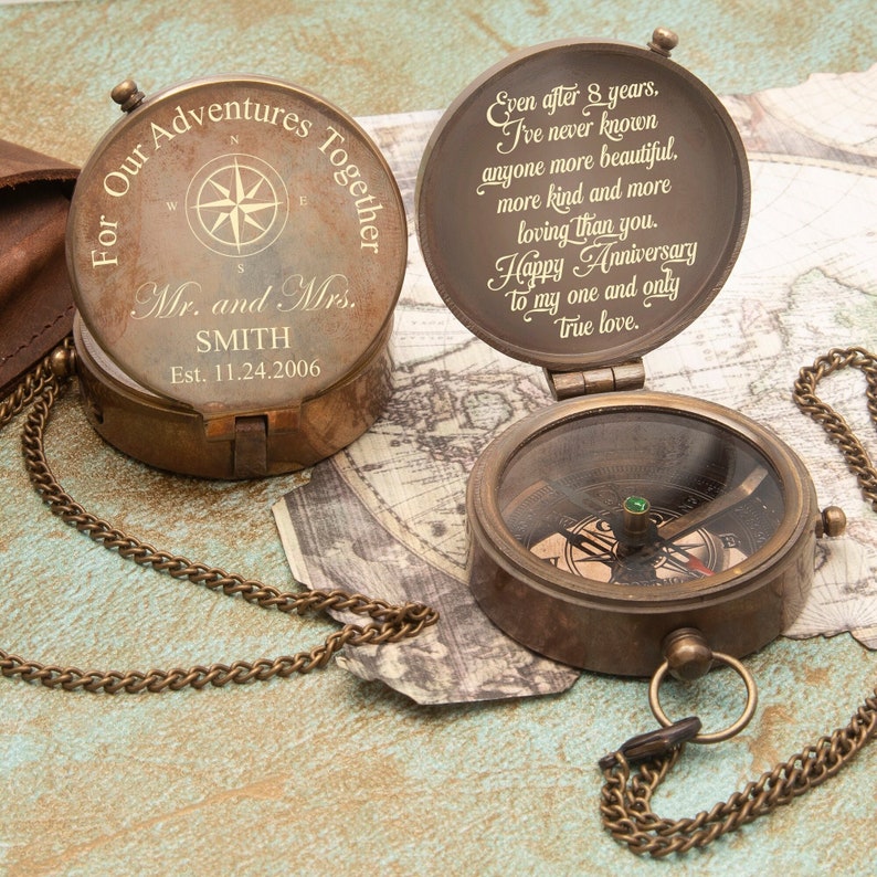 Adventure Awaits, Personalized Compass, Custom Engraved Anniversary Gift Compass, Wedding Gift for Groom, Compass for My Husband Wife image 1