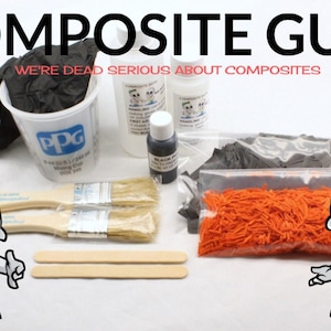 May include: A set of composite materials for crafting, including resin, hardener, black pigment, mixing cups, brushes, and two types of fibers. The text "Composite Guys We're Dead Serious About Composites" is at the top of the image.