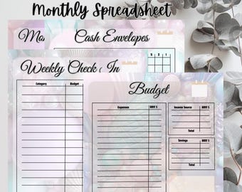 May include: A collection of printable budget sheets with a mermaid theme. The sheets include sections for monthly spreadsheets, cash envelopes, and weekly check-ins. The text includes "Mermaid Party", "Monthly Spreadsheet", "Cash Envelopes", and "Budget".