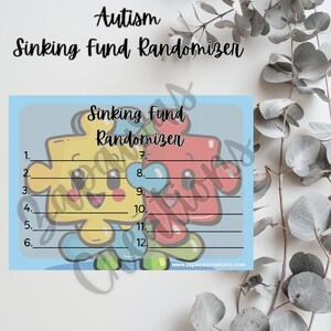 May include: A light blue card with the words "Autism Sinking Fund Randomizer" in black script. The card features two cartoon puzzle pieces, one yellow and one red, with numbered lines for tracking. The website www.zapawascreations.com is at the bottom.