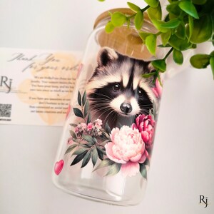 Cute Racoon Ice Coffee Cup With Lid and Straw, 16oz Custom Glass Mom Coffee Gift, Custom Gift for Mom, cute Mom Tumbler Gift for Her