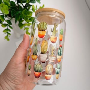Cute Cacti Ice Coffee Cup With Lid and Straw, 16oz Custom Glass Mom Coffee Gift, Custom Gift for Mom, cute Mom Tumbler Gift for Her