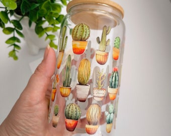 Cacti Ice Coffee Cup: 16oz Glass Tumbler with Lid & Straw